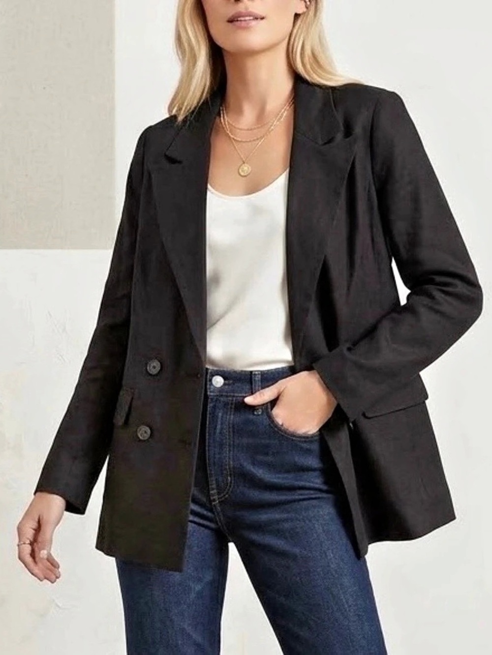 EVEREVE Alexa Linen Double-Breasted Oversized Boyfriend Blazer Jacket Black S